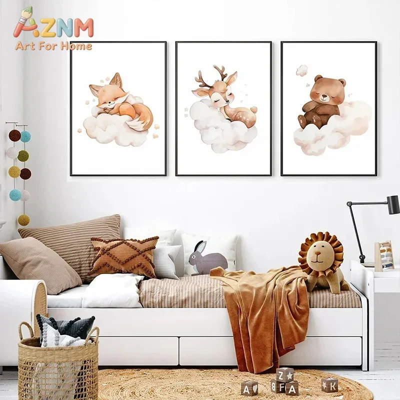 Baby Nursery Frames - AZNM Aquarell-Schlaf-Waldtier-Leinwanddruck, rahmenloses Fuchs-Hirsch-Bär-Wolken-Wandkunst-Poster, Babyzimmer, Kinderzimmer