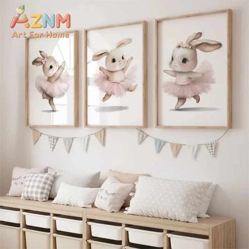 Baby Nursery Frames - AZNM Niedliches Ballerina-Hasen-Leinwandbild, rosa Tutu-Hasen-Aquarelldruck, Poster,