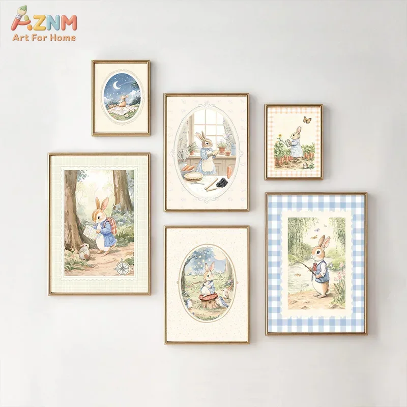 Baby Nursery Boy - AZNM Blaues Gingham-Muster, Peter Rabbit, Leinwandbild,